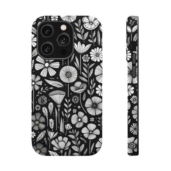 DistinctInk Tough Case for Apple iPhone, Compatible with MagSafe Charging - Whimsical Garden: Hand-drawn Cartoon Flowers