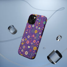 DistinctInk Tough Case for Apple iPhone, Compatible with MagSafe Charging - "Cheerful Dainty Spring Flowers on Vibrant Purple"
