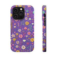 DistinctInk Tough Case for Apple iPhone, Compatible with MagSafe Charging - "Cheerful Dainty Spring Flowers on Vibrant Purple"