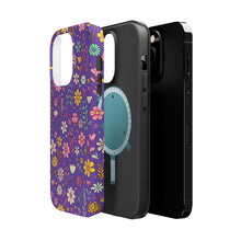 DistinctInk Tough Case for Apple iPhone, Compatible with MagSafe Charging - "Cheerful Dainty Spring Flowers on Vibrant Purple"