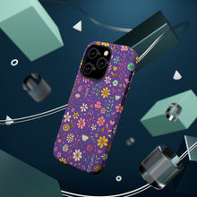 DistinctInk Tough Case for Apple iPhone, Compatible with MagSafe Charging - "Cheerful Dainty Spring Flowers on Vibrant Purple"