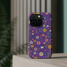 DistinctInk Tough Case for Apple iPhone, Compatible with MagSafe Charging - "Cheerful Dainty Spring Flowers on Vibrant Purple"