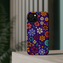 DistinctInk Tough Case for Apple iPhone, Compatible with MagSafe Charging - "Brightly Colored Spring Flowers on Bold Purple"