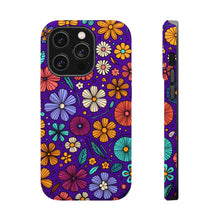 DistinctInk Tough Case for Apple iPhone, Compatible with MagSafe Charging - "Brightly Colored Spring Flowers on Bold Purple"