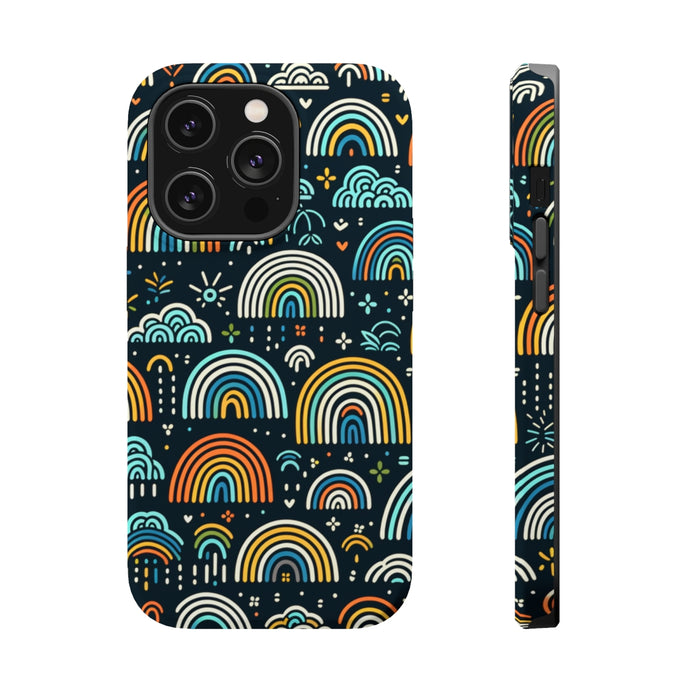 DistinctInk Tough Case for Apple iPhone, Compatible with MagSafe Charging - Colorful Minimalistic Hand-Drawn Rainbows on Black