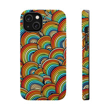 DistinctInk Tough Case for Apple iPhone, Compatible with MagSafe Charging - "Vibrant Cartoon Rainbows on Black Canvas"