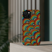 DistinctInk Tough Case for Apple iPhone, Compatible with MagSafe Charging - "Vibrant Cartoon Rainbows on Black Canvas"
