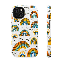 DistinctInk Tough Case for Apple iPhone, Compatible with MagSafe Charging - Vibrant Hand-drawn Cartoon Rainbows on White