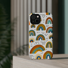 DistinctInk Tough Case for Apple iPhone, Compatible with MagSafe Charging - Vibrant Hand-drawn Cartoon Rainbows on White