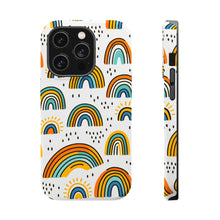 DistinctInk Tough Case for Apple iPhone, Compatible with MagSafe Charging - Vibrant Hand-drawn Cartoon Rainbows on White