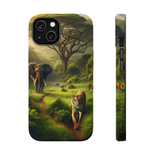 DistinctInk Tough Case for Apple iPhone, Compatible with MagSafe Charging - "A Majestic Meeting: Tigers and Elephants Roam Together"