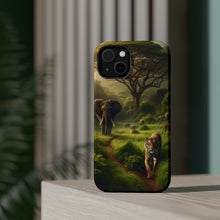 DistinctInk Tough Case for Apple iPhone, Compatible with MagSafe Charging - "A Majestic Meeting: Tigers and Elephants Roam Together"