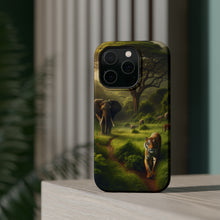 DistinctInk Tough Case for Apple iPhone, Compatible with MagSafe Charging - "A Majestic Meeting: Tigers and Elephants Roam Together"