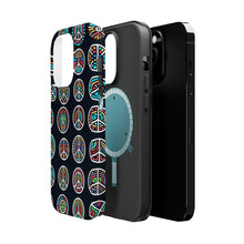 DistinctInk Tough Case for Apple iPhone, Compatible with MagSafe Charging - "Vibrant Peace Signs on Bold Black"