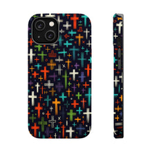 DistinctInk Tough Case for Apple iPhone, Compatible with MagSafe Charging - "Ecclectic Array: Vibrant Christian Crosses on Black"