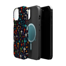 DistinctInk Tough Case for Apple iPhone, Compatible with MagSafe Charging - "Ecclectic Array: Vibrant Christian Crosses on Black"