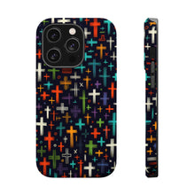 DistinctInk Tough Case for Apple iPhone, Compatible with MagSafe Charging - "Ecclectic Array: Vibrant Christian Crosses on Black"