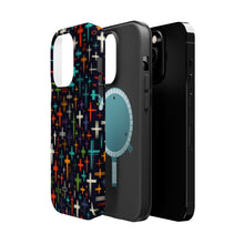 DistinctInk Tough Case for Apple iPhone, Compatible with MagSafe Charging - "Ecclectic Array: Vibrant Christian Crosses on Black"