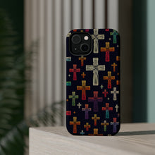 DistinctInk Tough Case for Apple iPhone, Compatible with MagSafe Charging - "Minimalistic Hand-Drawn Christian Crosses on Black"