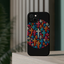 DistinctInk Tough Case for Apple iPhone, Compatible with MagSafe Charging - "Radiant Christian Crosses on Dark Canvas"