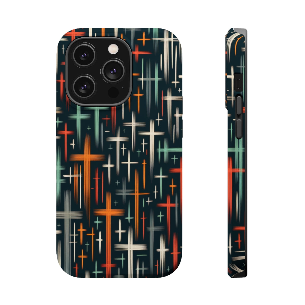 DistinctInk Tough Case for Apple iPhone, Compatible with MagSafe Charging - Vibrant Hand-drawn Crosses on Stark Black