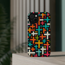 DistinctInk Tough Case for Apple iPhone, Compatible with MagSafe Charging - Vibrant Christian Crosses on Bold Black