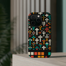 DistinctInk Tough Case for Apple iPhone, Compatible with MagSafe Charging - "Vivid Crosses: Striking Patterns on Black"