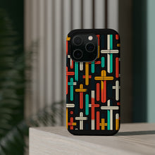 DistinctInk Tough Case for Apple iPhone, Compatible with MagSafe Charging - "Vibrant Harmony: Bold Crosses on Black"