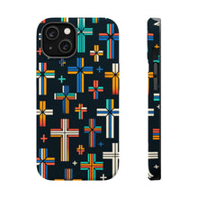 DistinctInk Tough Case for Apple iPhone, Compatible with MagSafe Charging - "Vibrant Alternating Christian Crosses on Black"