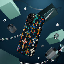 DistinctInk Tough Case for Apple iPhone, Compatible with MagSafe Charging - "Vibrant Alternating Christian Crosses on Black"