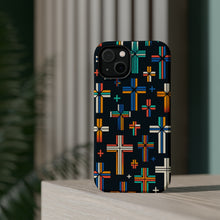 DistinctInk Tough Case for Apple iPhone, Compatible with MagSafe Charging - "Vibrant Alternating Christian Crosses on Black"