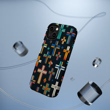 DistinctInk Tough Case for Apple iPhone, Compatible with MagSafe Charging - "Vibrant Alternating Christian Crosses on Black"