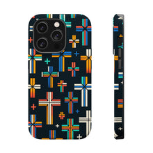 DistinctInk Tough Case for Apple iPhone, Compatible with MagSafe Charging - "Vibrant Alternating Christian Crosses on Black"