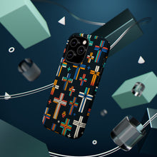 DistinctInk Tough Case for Apple iPhone, Compatible with MagSafe Charging - "Vibrant Alternating Christian Crosses on Black"