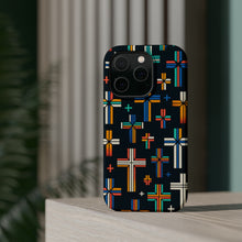 DistinctInk Tough Case for Apple iPhone, Compatible with MagSafe Charging - "Vibrant Alternating Christian Crosses on Black"