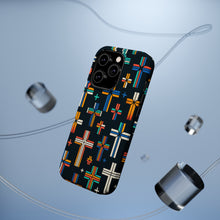 DistinctInk Tough Case for Apple iPhone, Compatible with MagSafe Charging - "Vibrant Alternating Christian Crosses on Black"