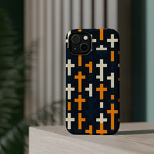 DistinctInk Tough Case for Apple iPhone, Compatible with MagSafe Charging - "Radiant Christian Crosses in Endless Repetition"