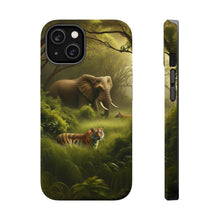 DistinctInk Tough Case for Apple iPhone, Compatible with MagSafe Charging - "Jungle Encounter: A Bengal Tiger and African Elephant"