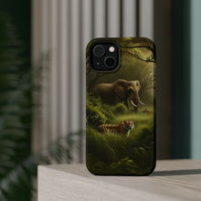 DistinctInk Tough Case for Apple iPhone, Compatible with MagSafe Charging - "Jungle Encounter: A Bengal Tiger and African Elephant"
