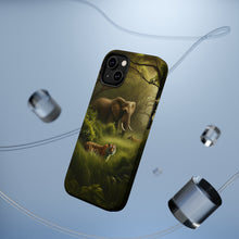 DistinctInk Tough Case for Apple iPhone, Compatible with MagSafe Charging - "Jungle Encounter: A Bengal Tiger and African Elephant"