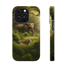 DistinctInk Tough Case for Apple iPhone, Compatible with MagSafe Charging - "Jungle Encounter: A Bengal Tiger and African Elephant"