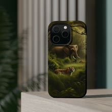 DistinctInk Tough Case for Apple iPhone, Compatible with MagSafe Charging - "Jungle Encounter: A Bengal Tiger and African Elephant"