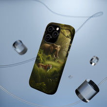 DistinctInk Tough Case for Apple iPhone, Compatible with MagSafe Charging - "Jungle Encounter: A Bengal Tiger and African Elephant"