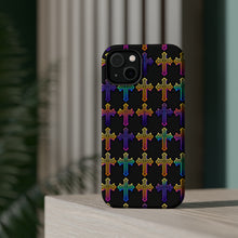DistinctInk Tough Case for Apple iPhone, Compatible with MagSafe Charging - "Vibrant Neon Christian Cross Pattern"