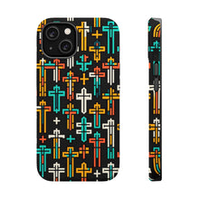 DistinctInk Tough Case for Apple iPhone, Compatible with MagSafe Charging - Vibrant Christian Crosses on Black Background