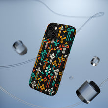 DistinctInk Tough Case for Apple iPhone, Compatible with MagSafe Charging - Vibrant Christian Crosses on Black Background