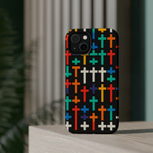 DistinctInk Tough Case for Apple iPhone, Compatible with MagSafe Charging - "Vibrant Crosses on Solid Black: Striking Pattern"