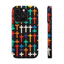 DistinctInk Tough Case for Apple iPhone, Compatible with MagSafe Charging - "Vibrant Crosses on Solid Black: Striking Pattern"