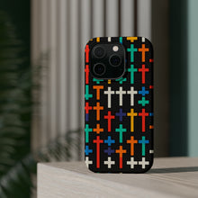 DistinctInk Tough Case for Apple iPhone, Compatible with MagSafe Charging - "Vibrant Crosses on Solid Black: Striking Pattern"