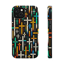 DistinctInk Tough Case for Apple iPhone, Compatible with MagSafe Charging - "Vivid Christian Crosses Dance on Black"